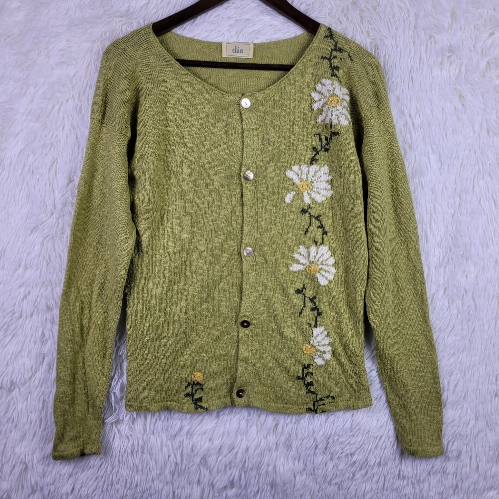 Dia S‎ Green Linen Cotton Blend Slub Cardigan Whimiscal Floral Daisy USA Made